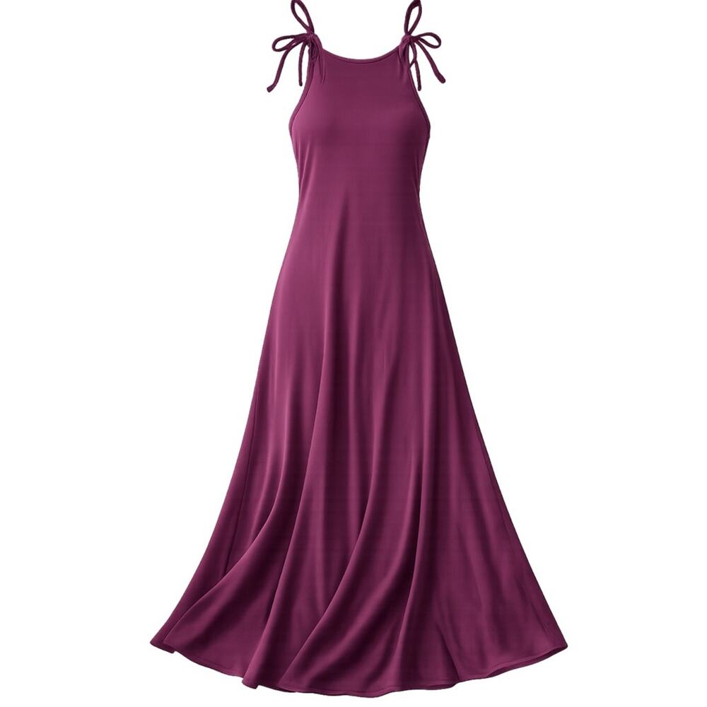 Boho Maxi Dress S/M Organic Viscose Cotton Burgundy Tie Strap Flowy Relaxed Fit - Picture 7 of 9